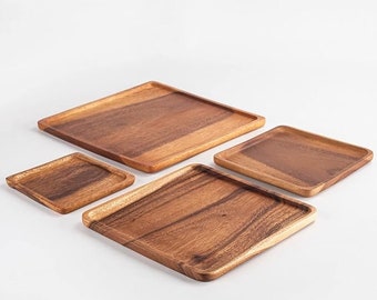 Square Acacia Wood Nesting Plates/Trays/Charger (Set of 4): Wooden Serving Dishes for Platters & Desserts Kitchen Serve ware