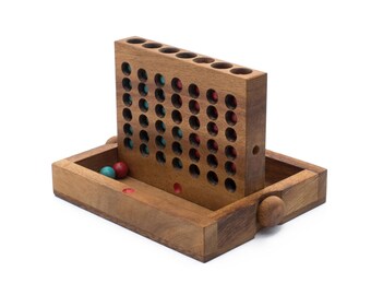 Wooden Connect 4 Travel Set, Wood Four in a Row game, Strategy Table Game All Ages, Game for Kids, Birthday Gift, Family Game, Wooden Game