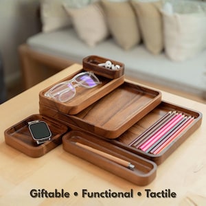 Wooden Desk Organizer Tray Set | Acacia Wood Office Storage | Stackable Home Office Solution