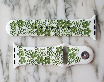 Pyrex Spring Blossom Green on White Inspiriert mit Gravur Silikon Uhrenarmband