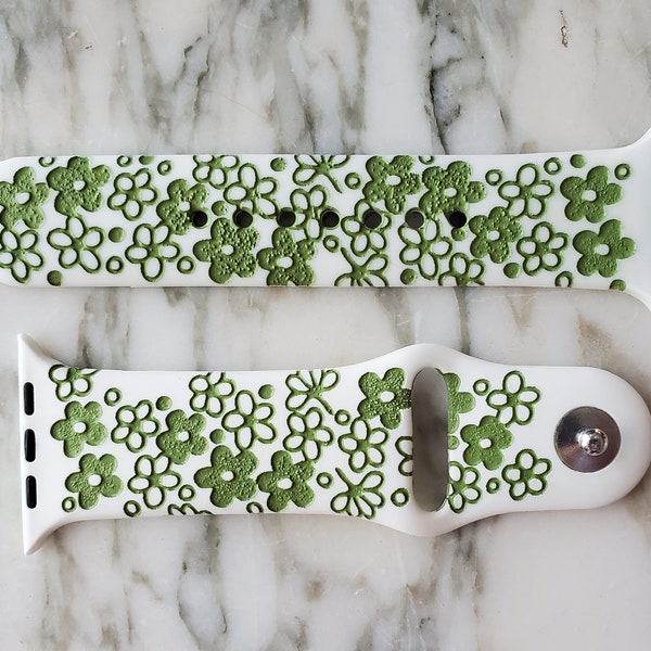 Pyrex Spring Blossom Green on White Inspired Engraved Silicone Watch Band