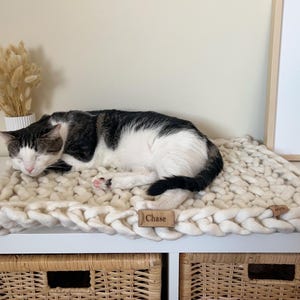 Cat bed with name, Personalized natural cat bed, Natural merino wool cat bed, Washable chunky knit Pet Bed, Gift wool bed for your cat
