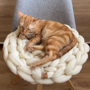 Natural wool knitted flat bed for cats, Chunky and eco-friendly cat bed, Soft natural merino bed for cats, White woven cat bed for furniture