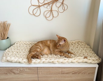 Letto per gatti in lana per davanzale, letto per gatti bianco piatto per finestra, tappetino per gatti a maglia grossa, letto per gatti tessuto bianco per mobili, letto per gatti lavabile