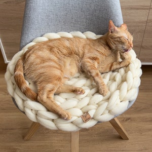 Natural merino wool cat bed, Washable chunky knit Pet Bed, Flat eco-friendly knitted kitten bed, Padded crochet cat mat
