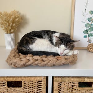 Cat mat bed for windowsill, Natural wool knitted flat bed for cats, White padded mat for cats, Eco friendly cat bed for furniture