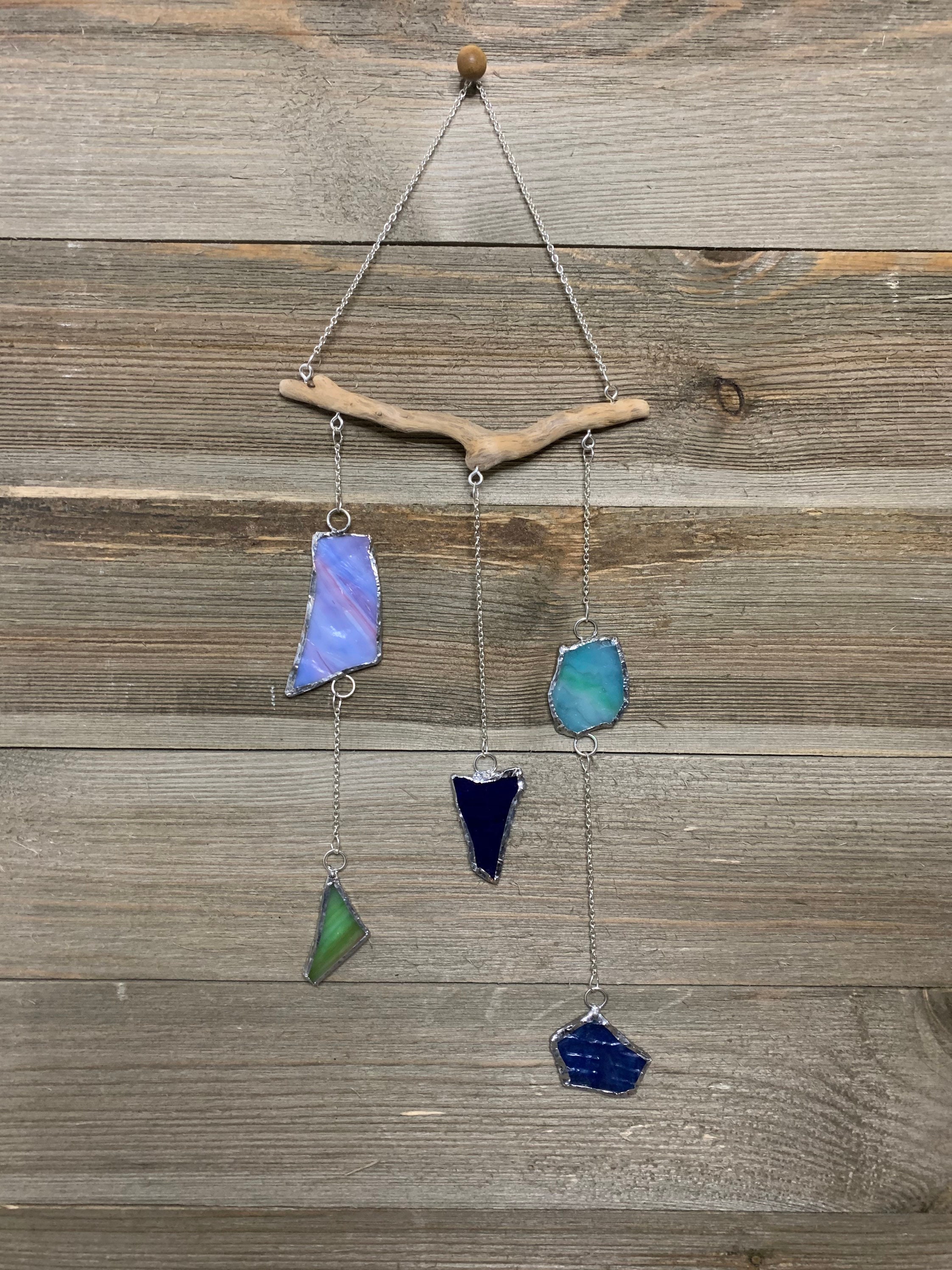 Stained Glass Scrap Light Catcher Hanging Mobile Blue Tones Etsy