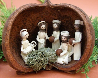 Small Nativity Set in a Nutshell with Corn Husk Dolls. Rustic Natural Christmas Holiday Mantel or Shelf Decor. Christian Xmas Gift.