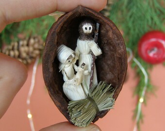 Miniature Rustic Nativity Set Ornaments in a Nutshell. Minimalist Nativity Hanging. Unique Stocking Stuffer or Christmas Gift.