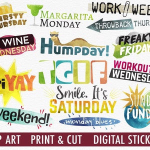 Clipart de thème de jour de semaine | Clipart de week-end | Autocollants imprimables des jours de la semaine | Autocollants numériques pour Goodnotes | Autocollants mignons
