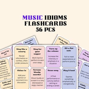 56枚の音楽イディオムフラッシュカード。あらゆる年齢の上級ESL学習者向け。インタラクティブな英語クラスアクティビティカードでスピーキングスキルを向上。