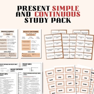 HET ULTIEME studiepakket tegenwoordige tijden voor ESL-beginners Werkbladen, flaschards, spiekbriefjes, heden eenvoudig en doorlopend