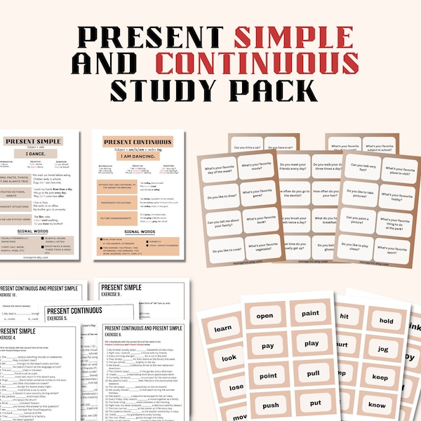 THE ULTIMATE Present Tenses Study Pack for ESL Beginners Worksheets , Flaschards, Cheets Sheets , Present Simple and Continuous