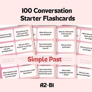 May include: A set of 100 conversation starter flashcards with questions like "What did you do last weekend?" and "Did you order pizza in the last few weeks?" The cards are pink and white with black text. The product is labeled "Simple Past" and "A2-B1".