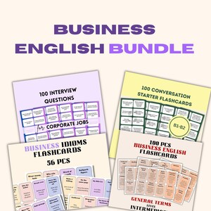 May include: A bundle of English learning materials. The image shows flashcards for business idioms, interview questions, and conversation starters. The text on the cards includes "Business English Bundle", "100 Interview Questions", and "General Terms Level Intermediate".