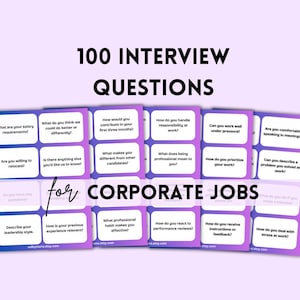 Peut inclure: Un ensemble de cartes de questions d'entretien pour les emplois en entreprise. Les cartes sont disposées en rangées et en colonnes, avec des questions telles que "Quelles sont vos exigences salariales ?" et "Comment gérez-vous vos responsabilités au travail ?" imprimées dessus.