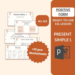 Puede incluir: Materiales educativos para estudiantes de inglés como segundo idioma (ESL). La imagen presenta hojas de trabajo y una presentación sobre el tiempo Present Simple, incluyendo estructuras de oraciones positivas y rutinas diarias. Nivel A1-A2.