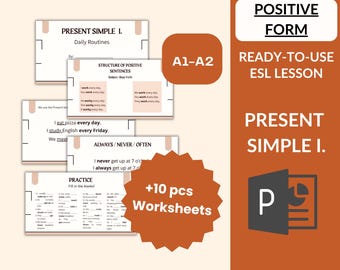 PowerPoint Lesson Present Simple POSITIVE FORM, Daily Routines, ESL activities A1-A2