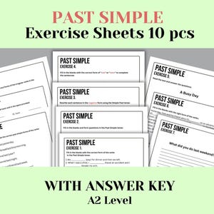 May include: A set of 10 black and white printable worksheets for learning the past simple tense in English. The worksheets are labeled with the title "Past Simple Exercise Sheets 10 pcs" and include the text "With Answer Key A2 Level".