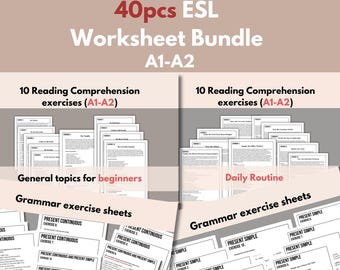 Könnte beinhalten: Ein Satz von 40 druckbaren ESL-Arbeitsblättern für Anfänger. Die Arbeitsblätter sind in zwei Kategorien unterteilt: 10 Leseverstehensübungen mit allgemeinen Themen und 10 Grammatikübungsblätter, die sich auf die Zeiten Present Continuous und Present Simple konzentrieren. Die Arbeitsblätter sind mit "Allgemeine Themen für Anfänger" und "Tägliche Routine" gekennzeichnet.