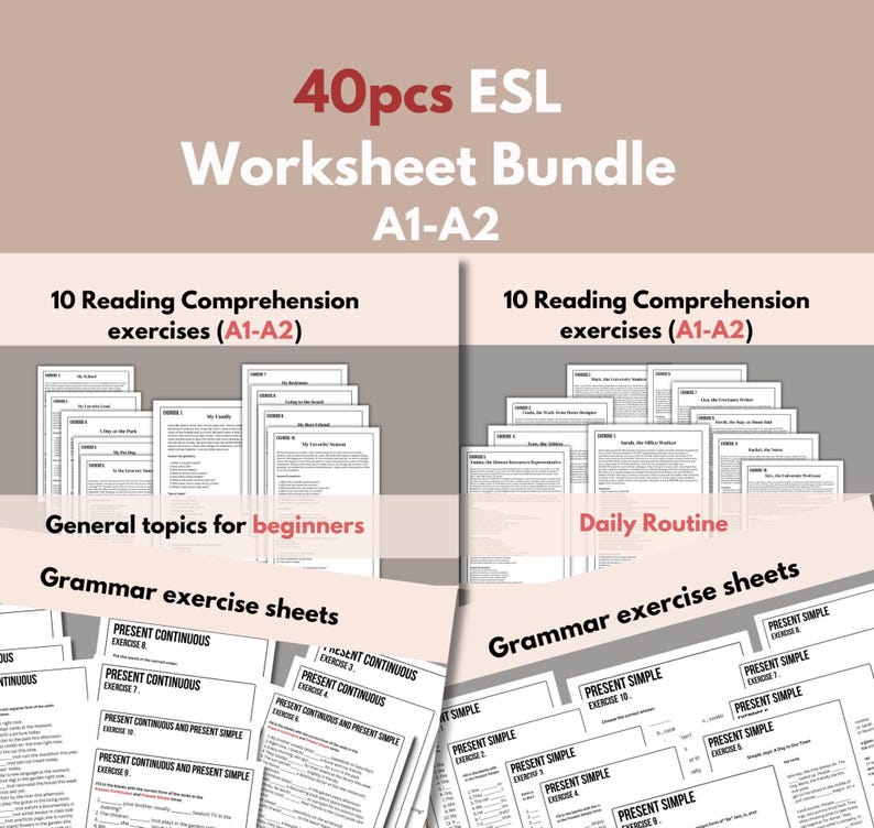 40 Pcs ESL Worksheet Bundle Present Tenses Drilling Exercises and ...