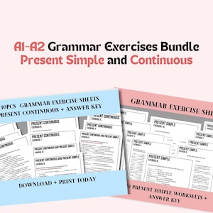 May include: A set of 10 printable grammar exercise sheets for English learners. The sheets cover present simple and present continuous tenses. The sheets are in black and white and have a blue and pink background.