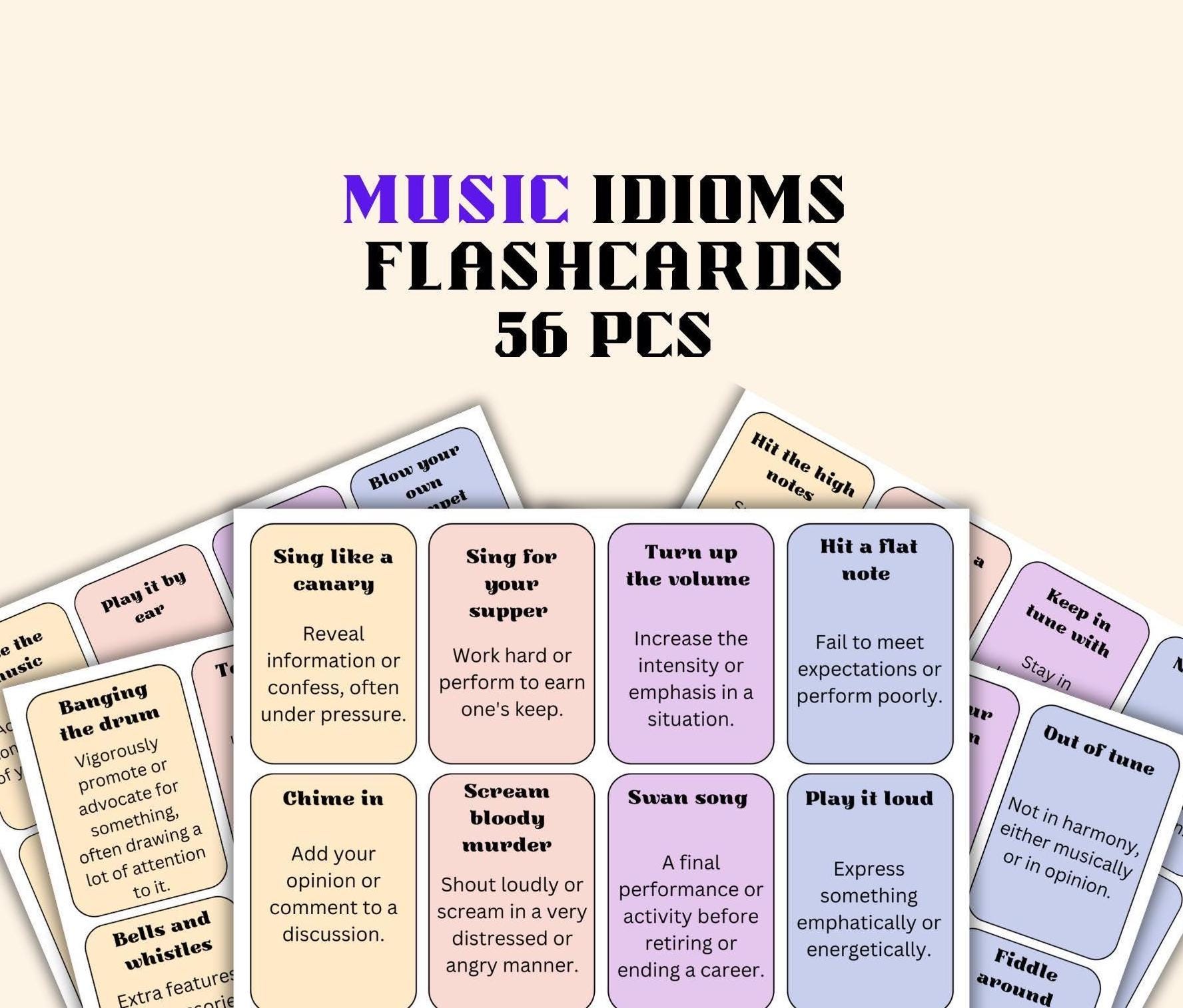 56 Pcs MUSIC Idioms Flashcards for Advanced ESL Learners for All Ages ...