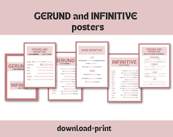Digital nedladdning av pedagogisk affisch för engelsk grammatik, GERUND och INFINITIV
