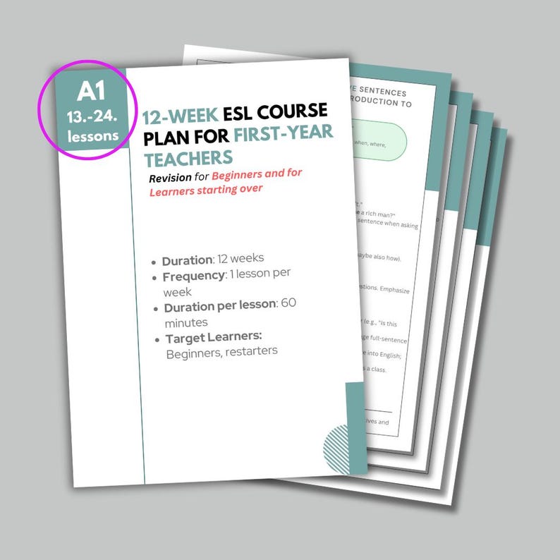 May include: A pink and white A1 label with the text "13.-24. lessons" and the title "12-WEEK ESL COURSE PLAN FOR FIRST-YEAR TEACHERS". The text below the title reads "Revision for Beginners and for Learners starting over".