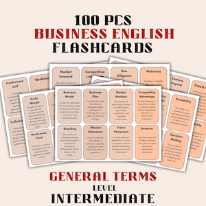 May include: A stack of business English flashcards with the text "100 PCS BUSINESS ENGLISH FLASHCARDS" in red. The cards are labeled with business terms like "Market Demand" and "Business Model". The bottom of the image reads "GENERAL TERMS LEVEL INTERMEDIATE".