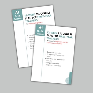 Puede incluir: Dos documentos imprimibles de planes de lecciones para profesores de inglés como segundo idioma de primer año. El primer documento se titula "Plan de curso de inglés como segundo idioma de 12 semanas para profesores de primer año" y es para principiantes absolutos. El segundo documento se titula "Plan de curso de inglés como segundo idioma de 12 semanas para profesores de primer año" y es para principiantes y estudiantes que comienzan de nuevo. Ambos documentos están en un esquema de color azul claro y blanco.