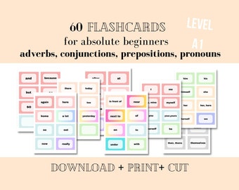 60 FLASHCARDS, 15 bijwoorden, 16 voorzetsels, 5 voegwoorden en 24 voornaamwoorden voor ABSOLUTE BEGINNERS, A1-niveau
