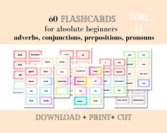 A1 English Flashcards: Adverbs, Prepositions, Conjunctions, Pronouns