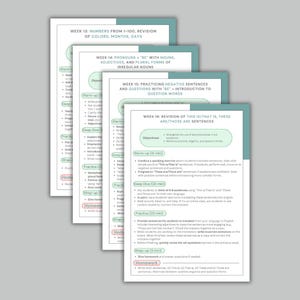 May include: A set of four printable worksheets for teaching English as a second language. The worksheets cover topics such as numbers, colors, months, days, pronouns, adjectives, irregular nouns, negative sentences, questions, and demonstrative sentences. Each worksheet includes a warm-up, deep dive, practice, wrap-up, and homework section.