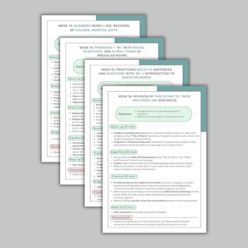 May include: A set of four printable worksheets for teaching English as a second language. The worksheets cover topics such as numbers, colors, months, days, pronouns, adjectives, irregular nouns, negative sentences, questions, and demonstrative sentences. Each worksheet includes a warm-up, deep dive, practice, wrap-up, and homework section.