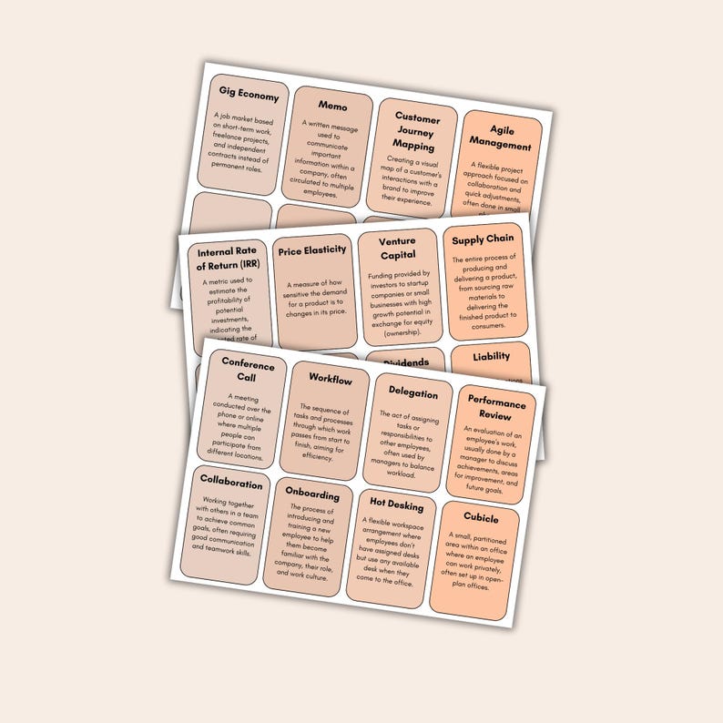 May include: A stack of business concept cards with terms like "Gig Economy," "Customer Journey Mapping," and "Supply Chain." Each card has a beige background with black text, offering definitions and explanations.