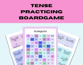 Könnte beinhalten: Ein farbenfrohes Spielbrett mit einem rosa, blauen und weißen Farbschema. Das Brett ist mit "TENSE PRACTICING BOARDGAME" beschriftet und verfügt über ein Raster von Feldern mit den Zahlen von 15 bis 76. Die Felder sind in verschiedenen Farben gefüllt, und einige Felder haben Text darauf. Der Text enthält die Wörter "TENSEQUEST", "FINISH", "read", "see", "play", "sleep", und "study".