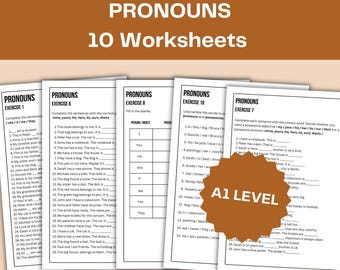 May include: A stack of worksheets for an A1 level English pronouns exercise. The worksheets are white with black text, featuring exercises on pronouns and possessives. The title "PRONOUNS 10 Worksheets" is at the top.