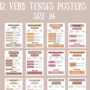 12 tempi verbali inglesi in colori neutri, formato A4. Diventa il miglior insegnante di inglese.
