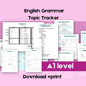 Może przedstawiać: Drukowany tracker tematów gramatycznych języka angielskiego dla uczniów na poziomie A1. Tracker zawiera sekcje dotyczące czasów, zaimków, artykułów, liczb mnogich, stopniowania przymiotników i wiele innych.