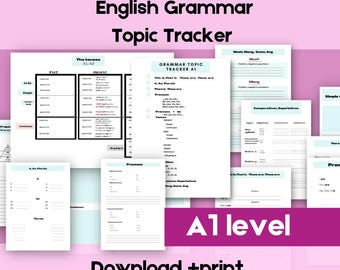 May include: A printable English grammar topic tracker for A1 level learners. The tracker includes sections for tenses, pronouns, articles, plurals, comparatives, superlatives, and more.
