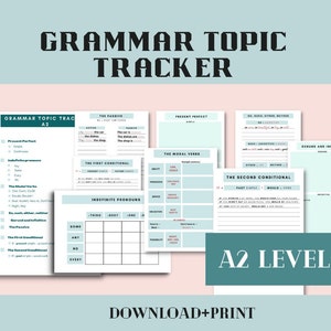 A2  Level English Grammar Topic Tracker  Notes for ESL Beginners, size A4, 10 pieces