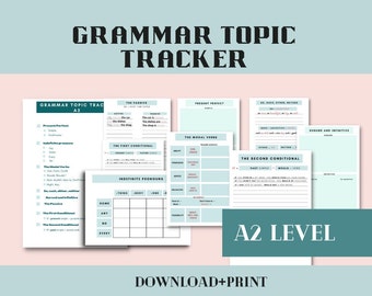 A2  Level English Grammar Topic Tracker  Notes for ESL Beginners, size A4, 10 pieces