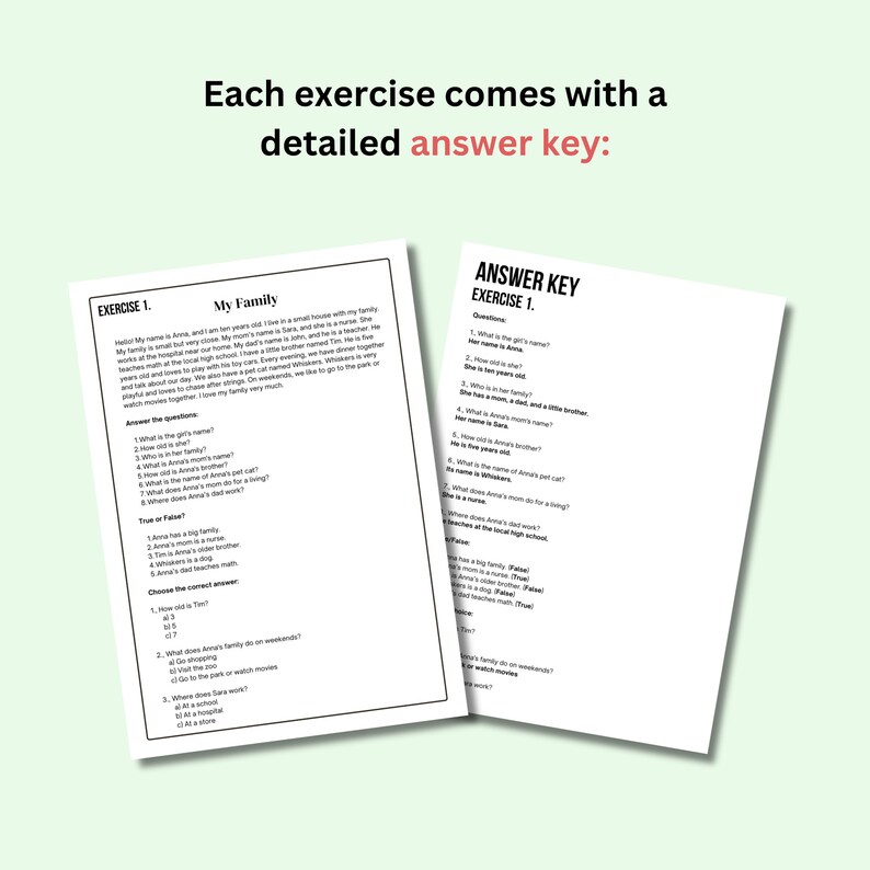 May include: A worksheet with an exercise about a family. The exercise asks questions about the family members, their ages, and their jobs. The worksheet also includes a true or false section and a multiple choice section.