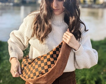 Brown Checkerboard Corduroy Sling bag ~ Bumbag/Over the shoulder bag