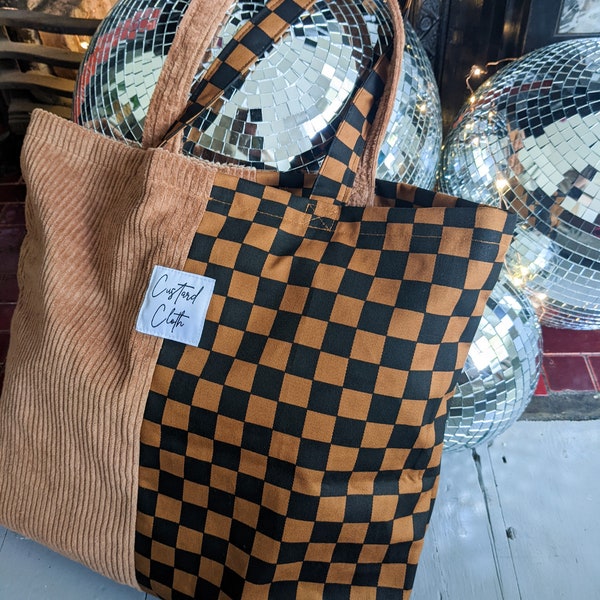 Brown Checkerboard & Corduroy Weekend Tote Bag