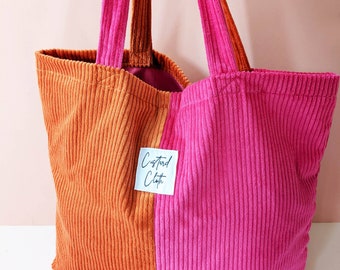 Weekend Corduroy Tote Bag ~ Hot Pink and Orange Colour Block
