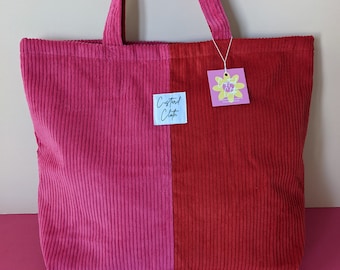 Weekend Corduroy Tote bag ~ Red and Pink Colour Block