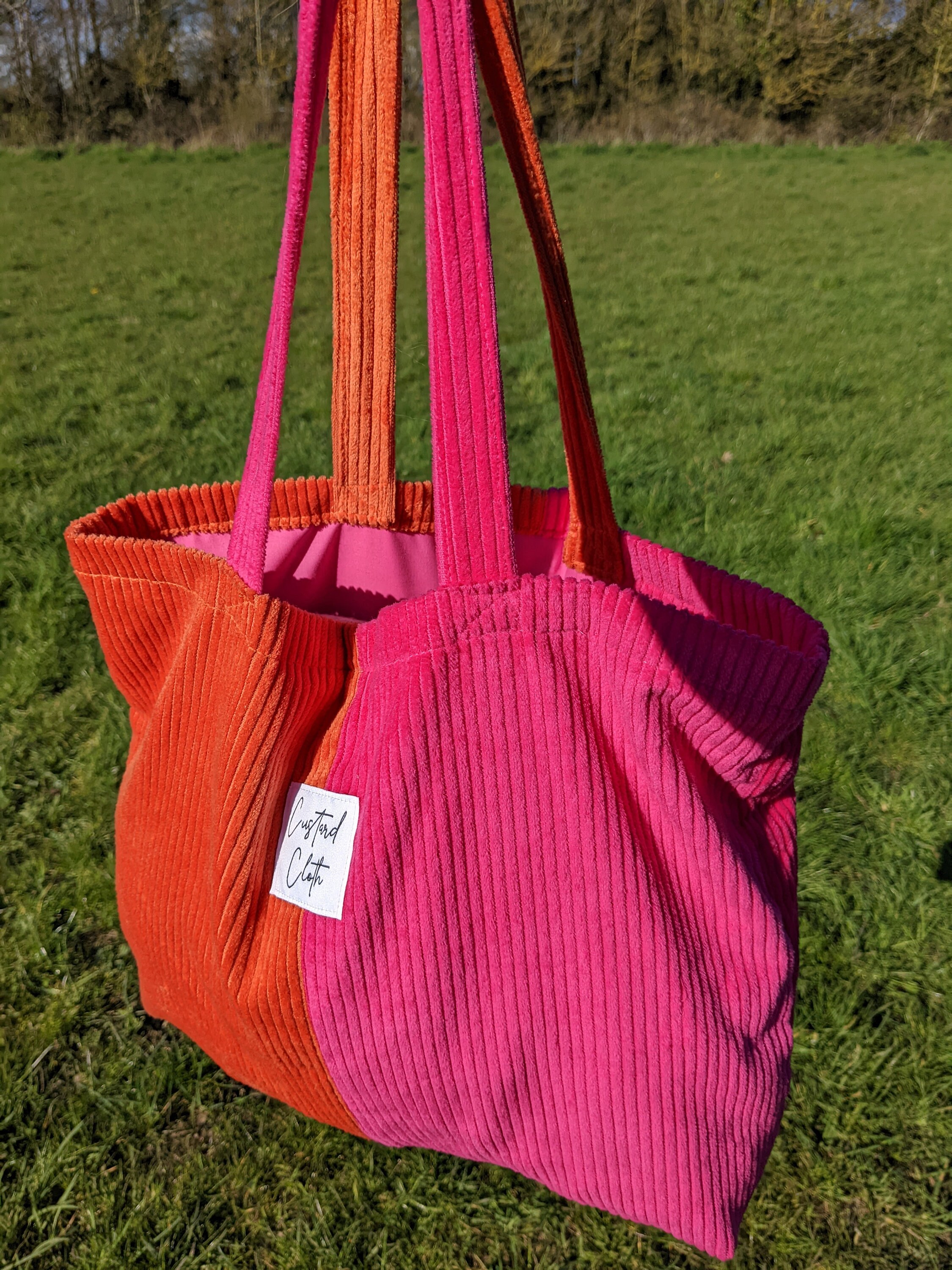Weekend Corduroy Tote Bag ~ Hot Pink and Orange Colour Block