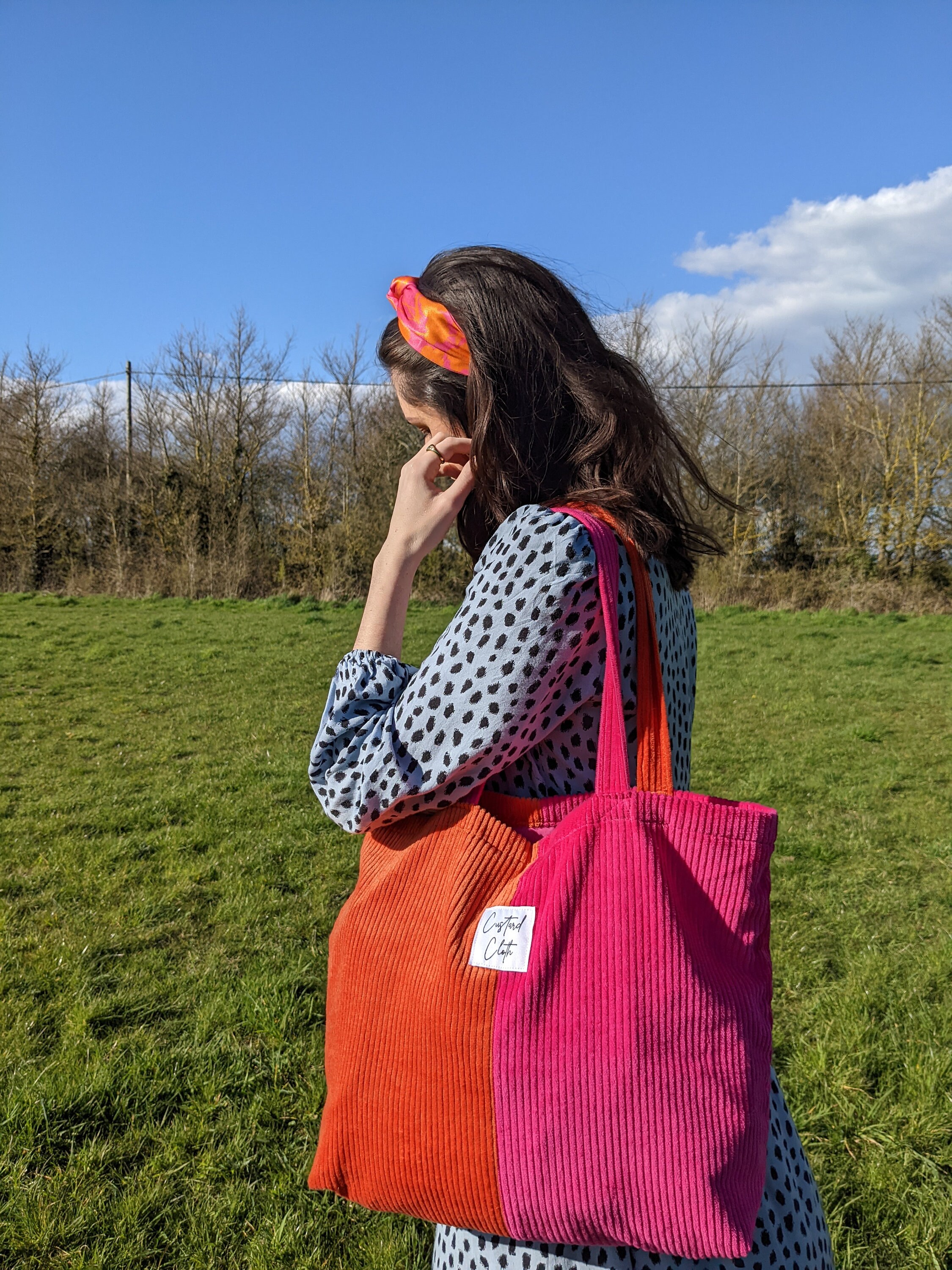 Weekend Corduroy Tote Bag ~ Hot Pink and Orange Colour Block
